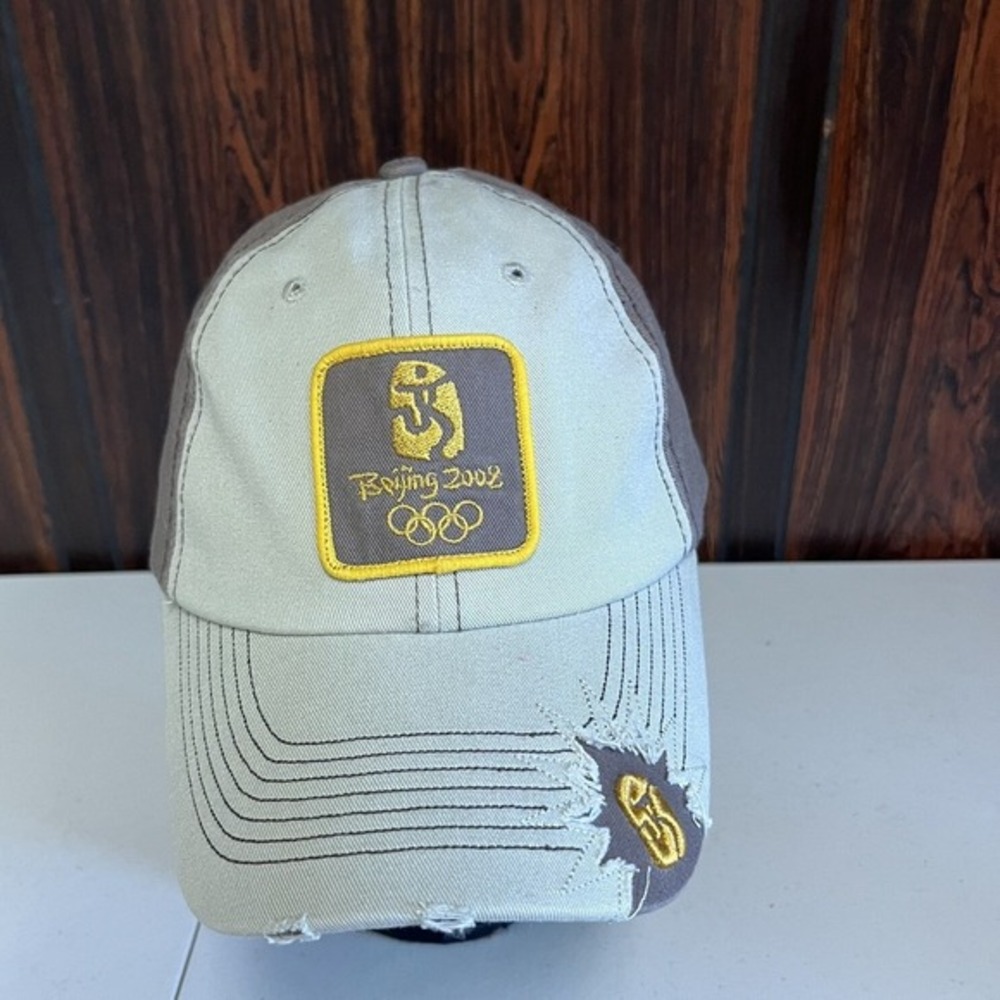 y2k 2000a Beijing 2008 Summer Olympics Hat Adjustable Beige Gray ‎ Cap USA Cool